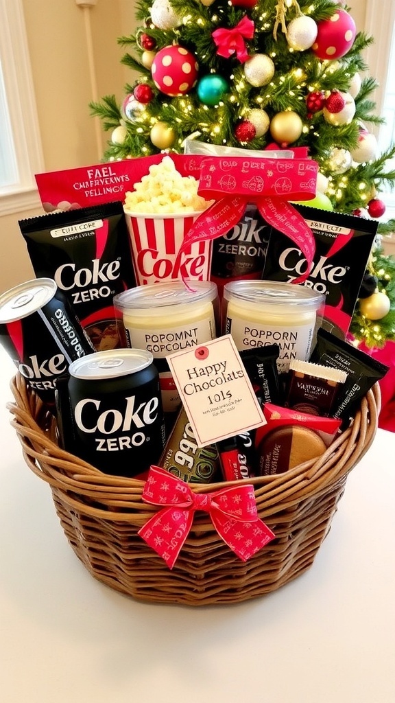 Coke Zero Holiday Gift Basket A festive gift basket with Coke Zero, popcorn, chocolates, and cookies, decorated for the holidays.
